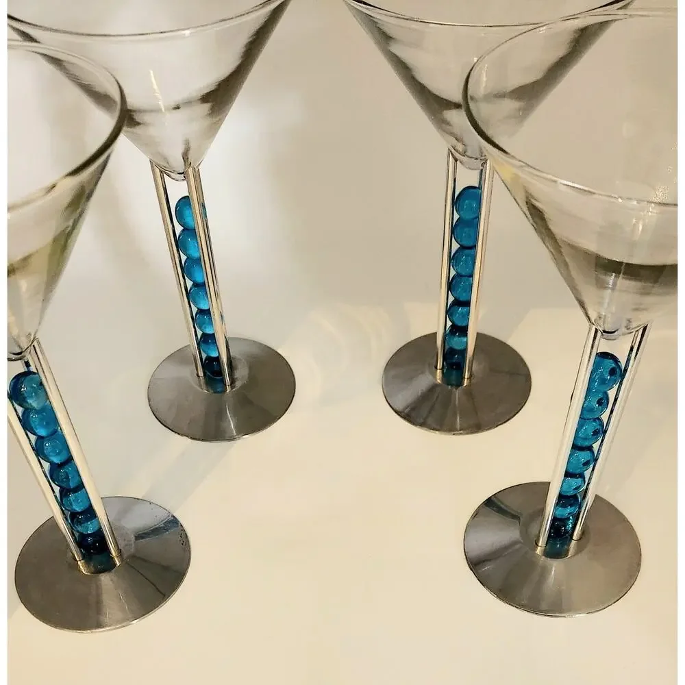 4 Patricia Heaton Bombay Sapphire Martini Glasses Blue Beads 1999 Artglass